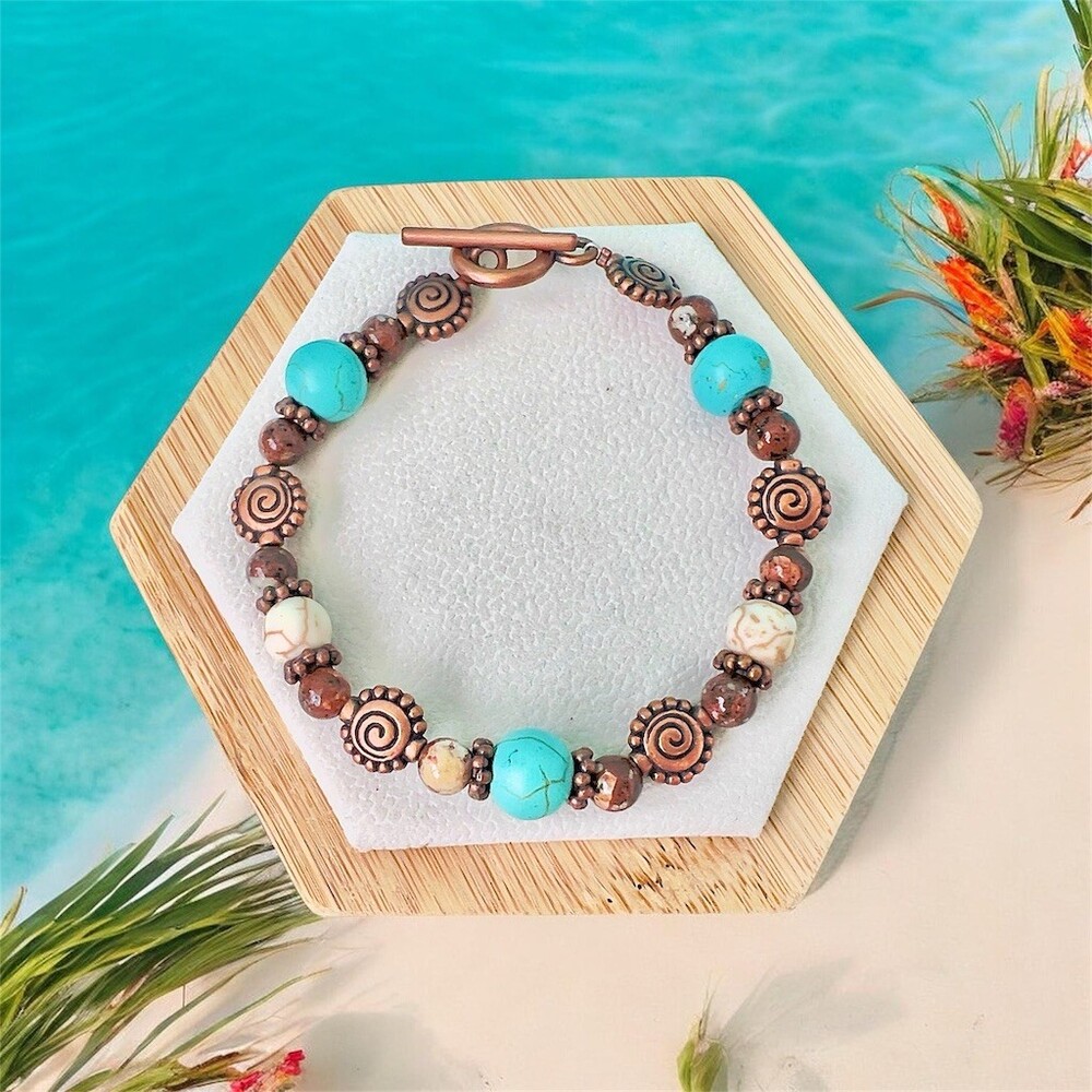 Bracelet Womens Turquoise Blue Copper Beaded Toggle Clasp Boho Southwest